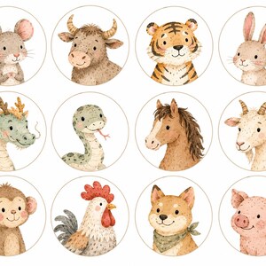 May include: A set of twelve circular stickers featuring watercolour illustrations of the Chinese zodiac animals, including a mouse, ox, tiger, rabbit, dragon, snake, horse, goat, monkey, rooster, dog, and pig, each with a friendly expression.