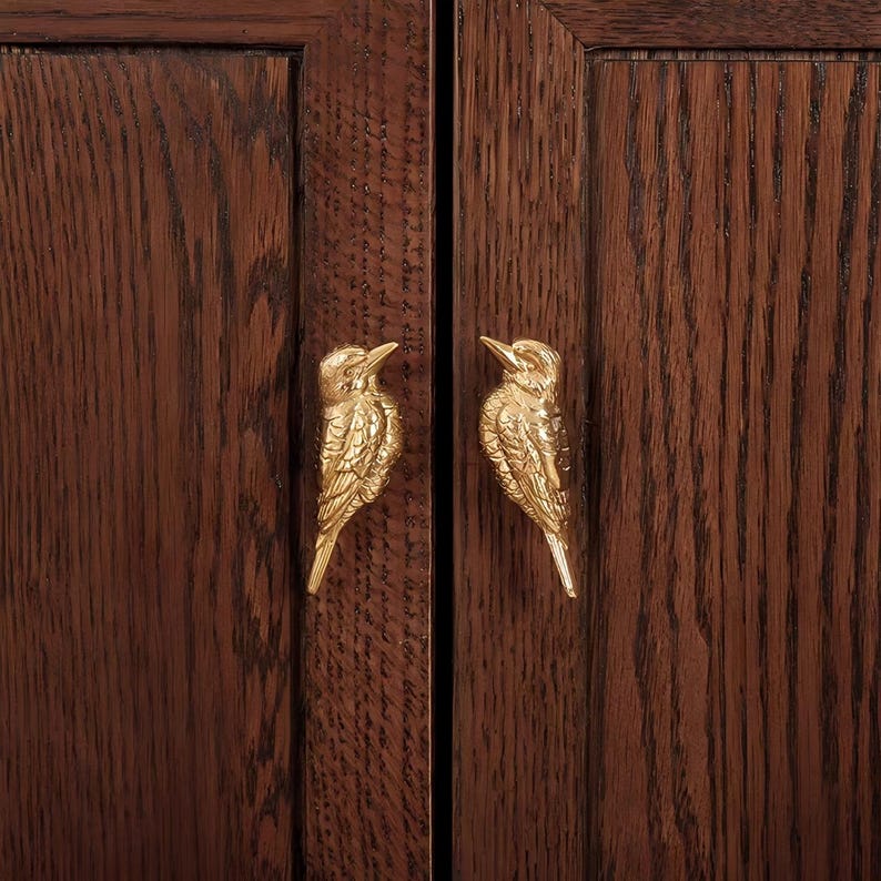 Pu&ograve; includere: Due pomelli dorati a forma di uccello montati su un'anta di un armadio in legno marrone scuro. Le maniglie a forma di uccello sono dettagliate con piume e becchi, aggiungendo un tocco decorativo al mobile. La venatura del legno &egrave; visibile.