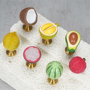 May include: A collection of decorative cabinet knobs featuring various fruits. The knobs include a coconut, durian, avocado, lychee, watermelon, and mangosteen. Each knob has a brass base and is designed with realistic colors and textures.