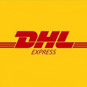 May include: The DHL Express logo on a yellow background. The logo features the letters "DHL" in red, with horizontal red lines on either side. Below the letters, the word "EXPRESS" is written in red.