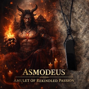 May include: A black rectangular pendant on a black cord, displayed against a textured background. The image features the text "ASMODEUS" and "AMULET OF REKINDLED PASSION" in gold lettering, with a fiery background and a demonic figure.
