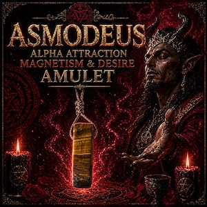 May include: An amulet with the text "ASMODEUS ALPHA ATTRACTION MAGNETISM & DESIRE AMULET" is suspended in front of a red background. The amulet is a rectangular stone with brown and gold stripes. A demonic figure is on the right side of the image.