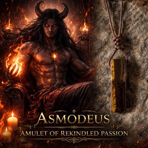May include: An artistic image featuring a pendant with a rectangular, golden-brown stone suspended from a brown cord. The background depicts a fiery scene with a horned figure and the text "Asmodeus, Amulet of Rekindled Passion."