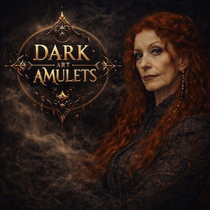 May include: An image featuring the text "DARK ART AMULETS" in gold lettering within a decorative circular frame. A woman with red hair and a dark patterned dress is in the image. The background is a dark, smoky texture.