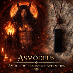 May include: A black rectangular pendant on a brown cord, displayed against a textured background. The image features a fiery illustration of a demonic figure with the text "Asmodeus, Amulet of Irresistible Attraction."
