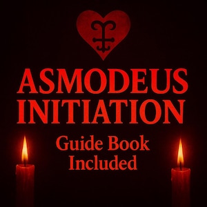 May include: A dark image with red text that reads "ASMODEUS INITIATION" and "Guide Book Included." A red heart with a symbol is at the top. Two lit candles are at the bottom. The background is black.