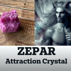 May include: A pink crystal with a rough, textured surface. The crystal is labeled "ZEPAR Attraction Crystal".