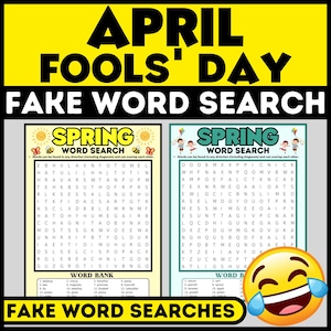 以下が含まれることがあります： 春のテーマの印刷可能な単語検索パズル2つ。パズルはエイプリルフール用に設計されており、泣いて笑っている絵文字が特徴です。パズルは「春の単語検索」というタイトルで、単語リストが含まれています。