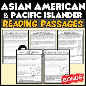 Può includere: Passi di lettura educativi sul patrimonio asiatico-americano e delle isole del Pacifico, tra cui Patsy Mink, il cibo asiatico-americano, Kalpana Chawla, l'AAPI Heritage Month e Angel Island. Presenta testo e illustrazioni, con una sezione bonus.