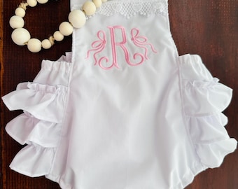 Birthday outfit,Personalized Baby Girl Romper, White Ruffle Bubble