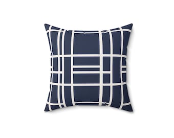 Nautical Elegance: Navy Blue Square Pillow with White Geometric Lines