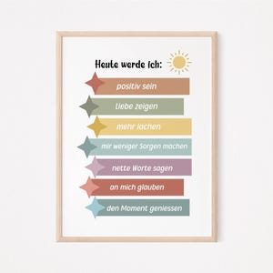 Deutsch Affirmationen Poster für Kinder, Achtsamkeit & Motivation, Regenbogenfarben, Inspirierende Wandkunst, Kinderzimmer Dekoration