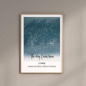 Arte mural con mapa estelar personalizado, impresión de acuarela personalizada con el signo del zodíaco, "El día que nos conocimos", regalo de cumpleaños imprimible, decoración astrológica para habitación infantil.