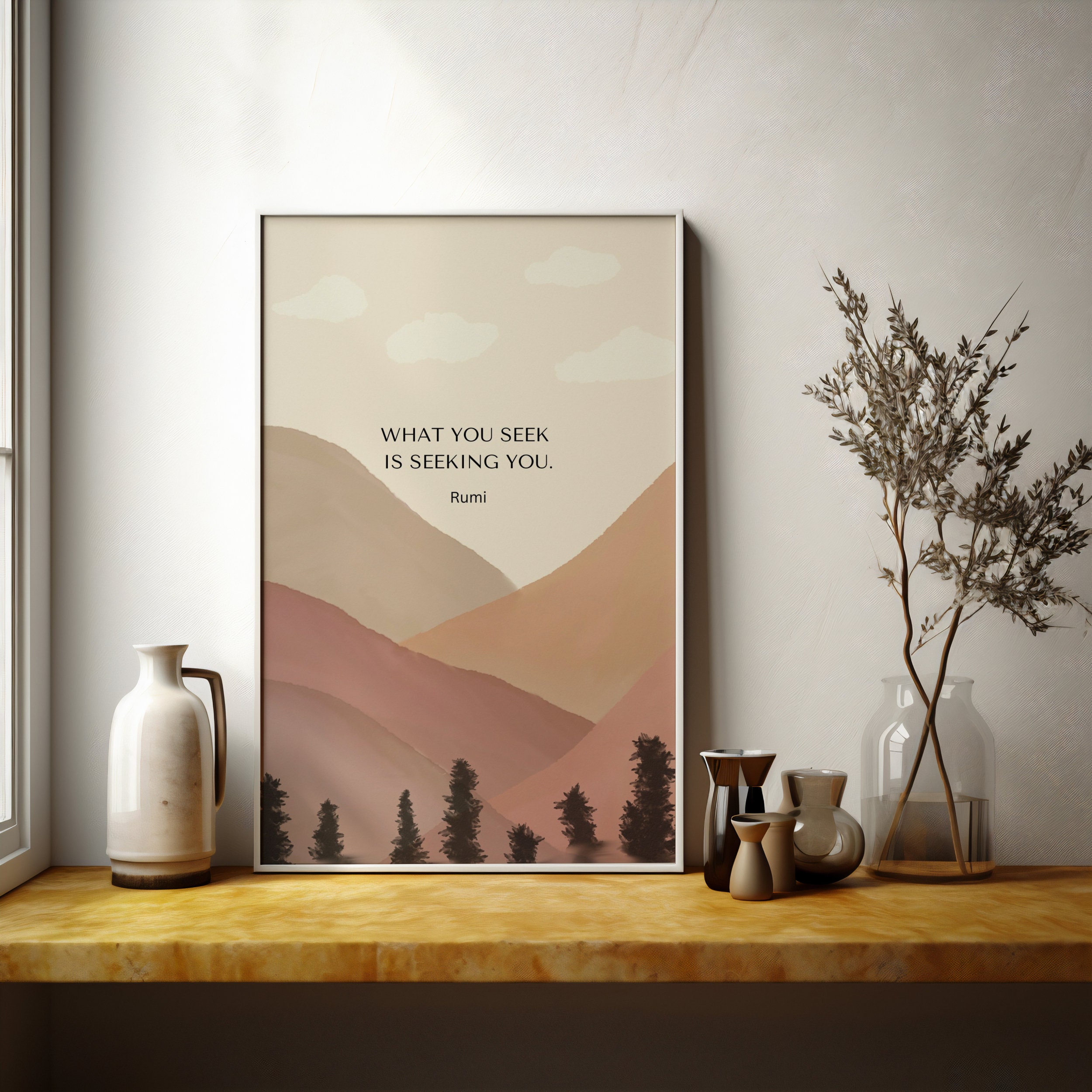 Rumi Quotes Landscape Printable Wall Art , Watercolour Scenery Mountain ...