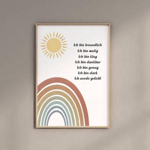 Regenbogen Affirmationen Poster Deutsch – Positive Kinder Wandkunst – Inspirierendes Kinderzimmer Deko Bild – Geschenk für Mädchen & Jungen