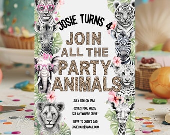 May include: A white invitation with a jungle theme for a 4th birthday party. The invitation features a variety of animals including a zebra, tiger, lion, elephant, and giraffe. The text on the invitation reads "Josie Turns 4 Join All The Party Animals" and includes the date, time, location, and RSVP information.