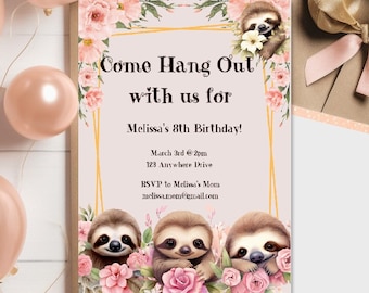 編集可能なナマケモノの誕生日パーティー招待状、スロットの誕生日、ピンクのナマケモノ、花とナマケモノ、デジタル招待状、ナマケモノの即時ダウンロード、女の子のナマケモノ