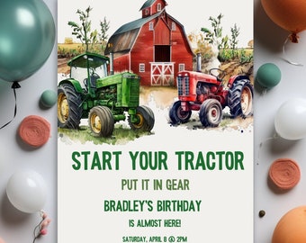 May include: A birthday invitation featuring a watercolour illustration of two tractors in front of a red barn. The text reads "Start Your Tractor, Put It In Gear, Bradley's Birthday Is Almost Here! Saturday, April 8 @ 2PM, RSVP to Baby X Grandma, BabyXGrandma@gmail.com"