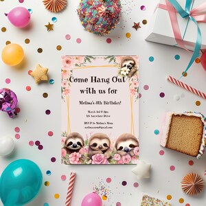 Sloth Border Editable Editable Sloth Birthday Party Invitation, Slot Birthday, Pink Sloth ...