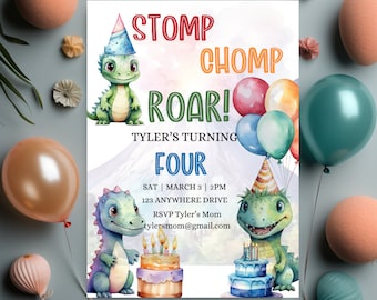 Editable Dinosaur Birthday Invitation, Dinosaur Birthday, Green Dinosaur Birthday, Blue Dinosaur Birthday Invitation, Stomp, Chomp, Roar