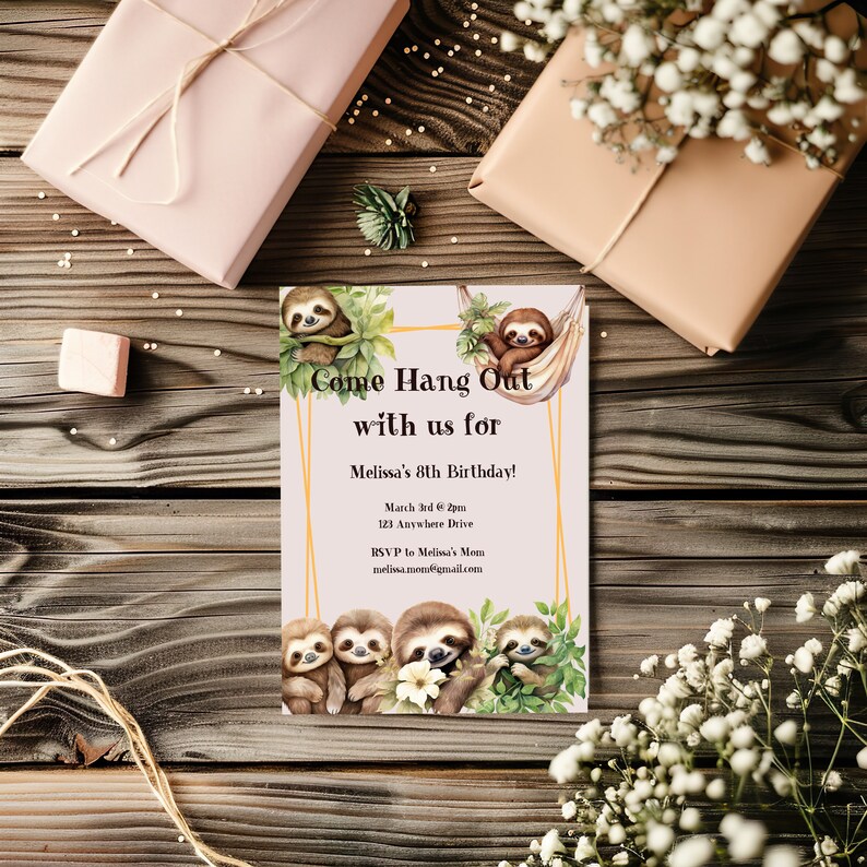 Sloth Border Editable Editable Sloth Birthday Party Invitation, Slot Birthday, White and ...