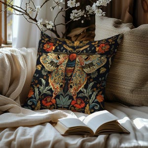 Enchanted Moth Pillow: William Morris Style Botanical Cottagecore Decor