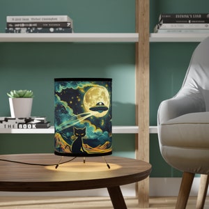 Cat and UFO Tripod Lamp: Abstract Art Table Lamp