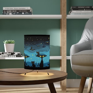 Creepy Alien Cats Tripod Lamp: Abstract Art Table Lamp