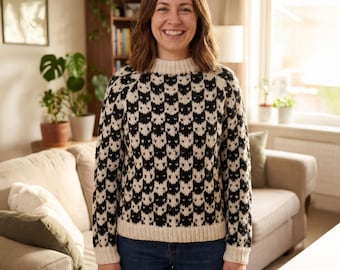 Cat face sweater knitting pattern with cat faces
