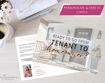 May include: A postcard with a photo of a house with a rocking chair on the porch. The text on the postcard says "Ready to go from tenant to homeowner?" and includes contact information for a realtor. The postcard is designed to be personalized and edited in Canva.