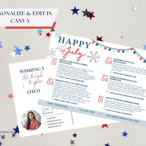 Modello di cartolina per agente immobiliare del 4 luglio, programma dei fuochi d'artificio, giorno dell'indipendenza, celebrazione del 4 luglio, cartolina agricola, volantino immobiliare