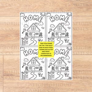 Puede incluir: Una p&aacute;gina para colorear imprimible con cuatro im&aacute;genes de casas con la palabra "HOME" en letras grandes. La p&aacute;gina incluye instrucciones para agregar un nombre y un letrero de "En venta" a cada casa.