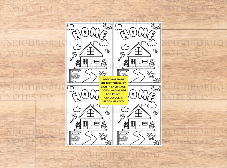 Puede incluir: Una p&aacute;gina para colorear imprimible con cuatro im&aacute;genes de casas con la palabra "HOME" en letras grandes. La p&aacute;gina incluye instrucciones para agregar un nombre y un letrero de "En venta" a cada casa.