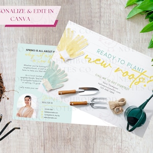 Lente onroerend goed briefkaart, klaar om nieuwe wortels te planten, klaar om te verhuizen, makelaar briefkaartsjabloon, landbouw, marketing, onroerend goed mailer