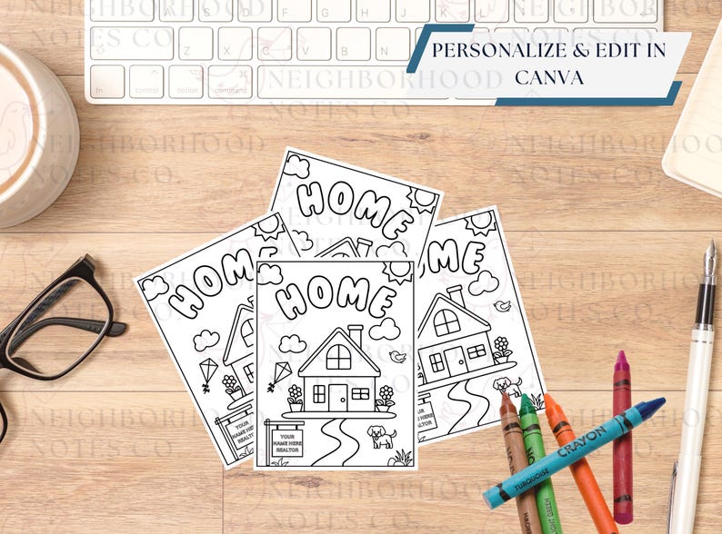 Puede incluir: Cuatro p&aacute;ginas para colorear imprimibles en blanco y negro que representan una casa con la palabra "HOME" en letras grandes. Las p&aacute;ginas est&aacute;n dise&ntilde;adas para ser personalizadas y editadas en Canva.