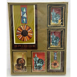 Juego de cartas bridge vintage de los años 60 con ceniceros. Paquete de regalo para anfitrionas de Stancraft MCM.