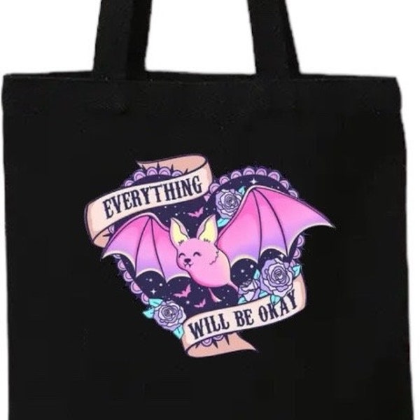 Alles wird gut Schwarze Tragetasche Pink Niedliche Fledermaus Niedliche Horror Tasche Pinke Fledermaus Print Niedliche Fledermaus Tasche Gothic Einkaufstasche Fledermaus Liebhaber