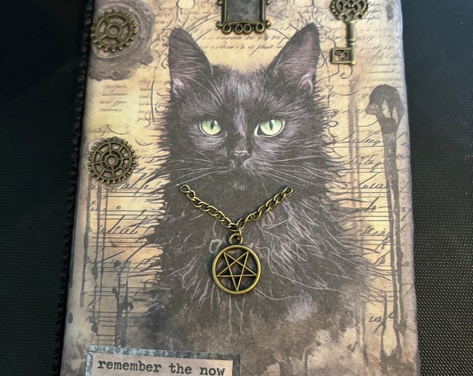 Upcycled Hand-Decorated Gothic Black Cat Notebook with Bronze Embellishments Gothic Journal Gothic Lined Notebook Gothic Cat Notebook