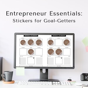 Puede incluir: Una pantalla de ordenador que muestra un planificador semanal con pegatinas que dicen "Goal Crusher", "New Business Ideas", "Love Brainstorming", "Clear Vision", "Update Website", "Master List", "Send Proposal" y "Weekly Planner".