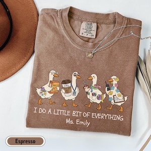 Personalized paraprofessional Comfort Colors shirt featuring funny goose characters carrying school supplies, coffee, snacks, and classroom essentials with custom teacher name, perfect gift for teacher aides, paraeducators, SPED staff, and RBTs.