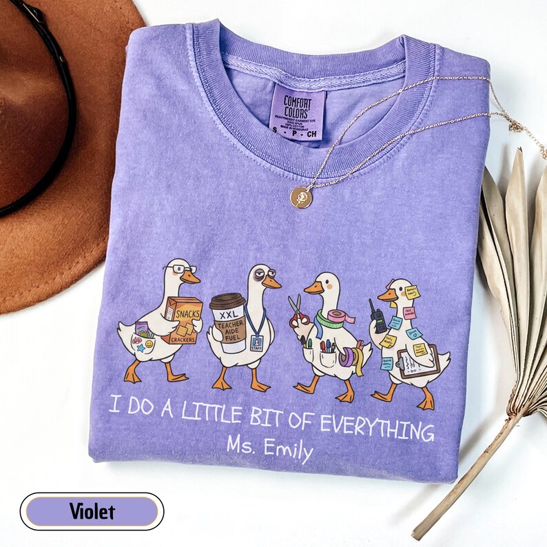 Personalized paraprofessional Comfort Colors shirt featuring funny goose characters carrying school supplies, coffee, snacks, and classroom essentials with custom teacher name, perfect gift for teacher aides, paraeducators, SPED staff, and RBTs.