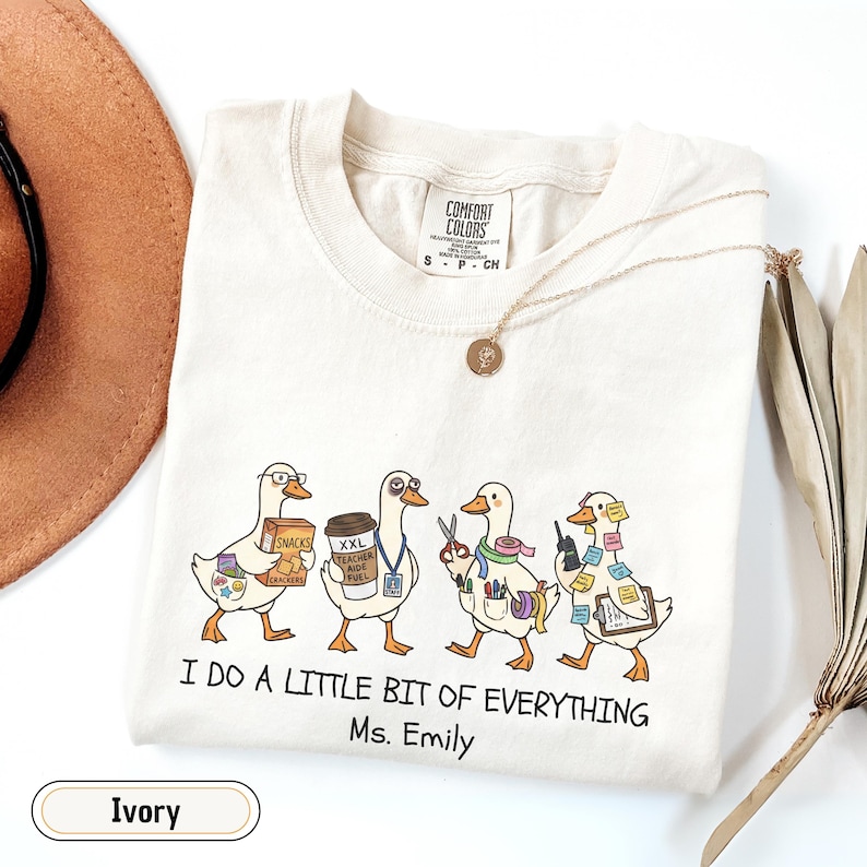 Personalized paraprofessional Comfort Colors shirt featuring funny goose characters carrying school supplies, coffee, snacks, and classroom essentials with custom teacher name, perfect gift for teacher aides, paraeducators, SPED staff, and RBTs.