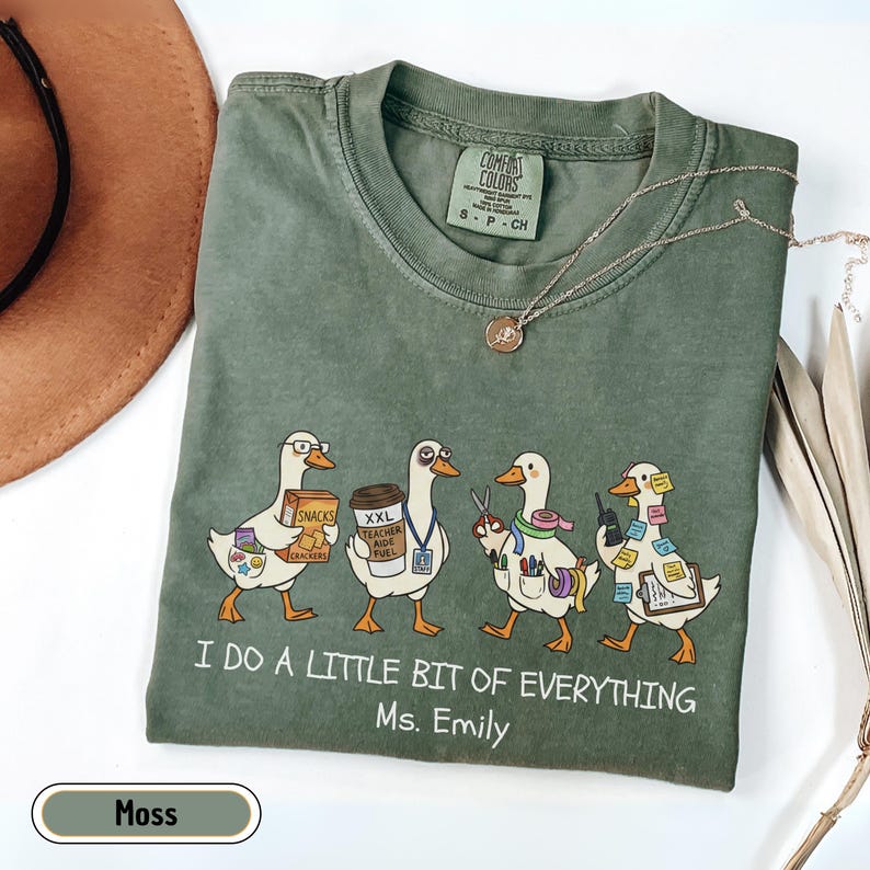 Personalized paraprofessional Comfort Colors shirt featuring funny goose characters carrying school supplies, coffee, snacks, and classroom essentials with custom teacher name, perfect gift for teacher aides, paraeducators, SPED staff, and RBTs.