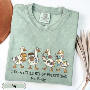 Personalized paraprofessional Comfort Colors shirt featuring funny goose characters carrying school supplies, coffee, snacks, and classroom essentials with custom teacher name, perfect gift for teacher aides, paraeducators, SPED staff, and RBTs.