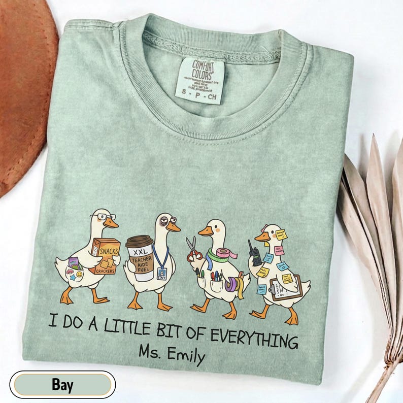 Personalized paraprofessional Comfort Colors shirt featuring funny goose characters carrying school supplies, coffee, snacks, and classroom essentials with custom teacher name, perfect gift for teacher aides, paraeducators, SPED staff, and RBTs.