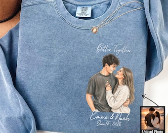 Custom Couple Portrait Sweatshirt, Personalized Photo Sweatshirt, Comfort Colors Couple Gift, Anniversary, Custom Names and Date Sweater