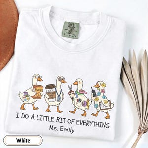 Personalized paraprofessional Comfort Colors shirt featuring funny goose characters carrying school supplies, coffee, snacks, and classroom essentials with custom teacher name, perfect gift for teacher aides, paraeducators, SPED staff, and RBTs.
