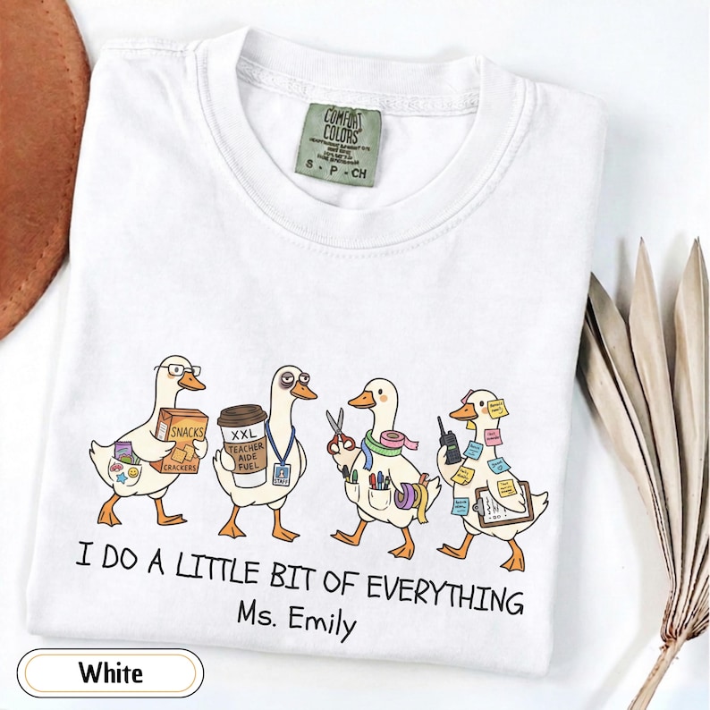 Personalized paraprofessional Comfort Colors shirt featuring funny goose characters carrying school supplies, coffee, snacks, and classroom essentials with custom teacher name, perfect gift for teacher aides, paraeducators, SPED staff, and RBTs.