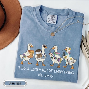 Personalized paraprofessional Comfort Colors shirt featuring funny goose characters carrying school supplies, coffee, snacks, and classroom essentials with custom teacher name, perfect gift for teacher aides, paraeducators, SPED staff, and RBTs.