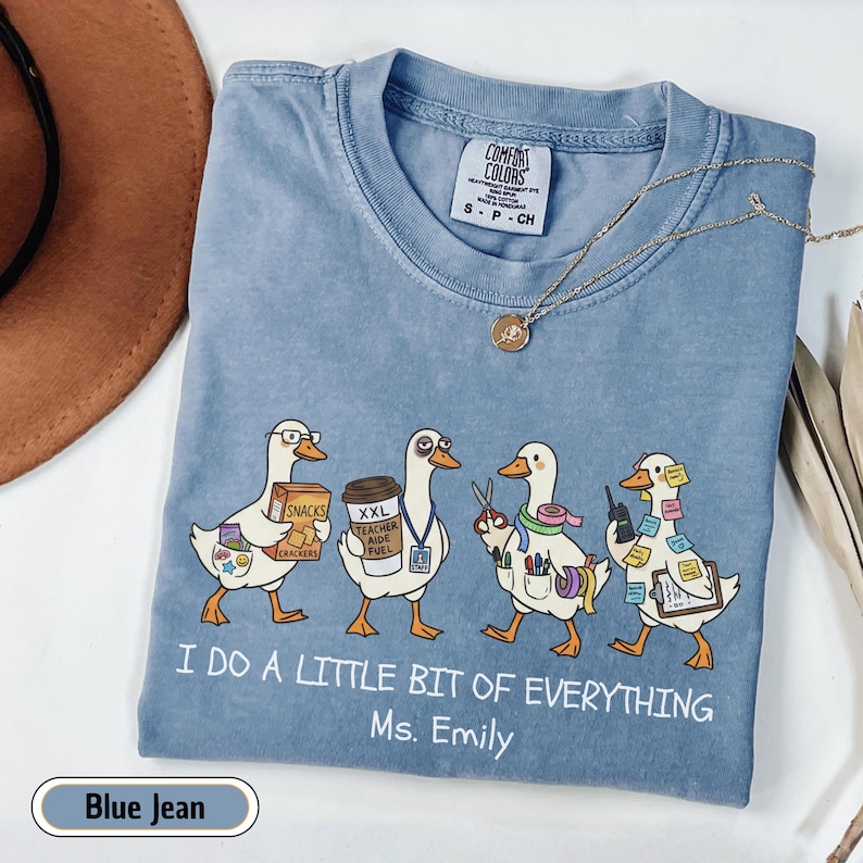 Personalized paraprofessional Comfort Colors shirt featuring funny goose characters carrying school supplies, coffee, snacks, and classroom essentials with custom teacher name, perfect gift for teacher aides, paraeducators, SPED staff, and RBTs.